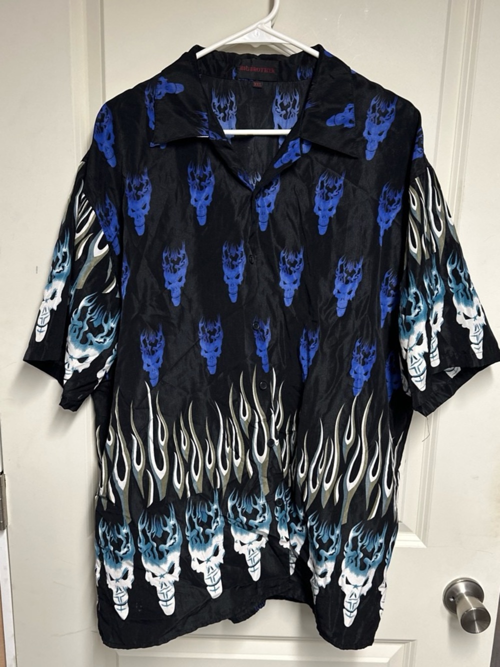 Brother Black Button-Up Shirt with Blue Flaming Skull Print size xxl